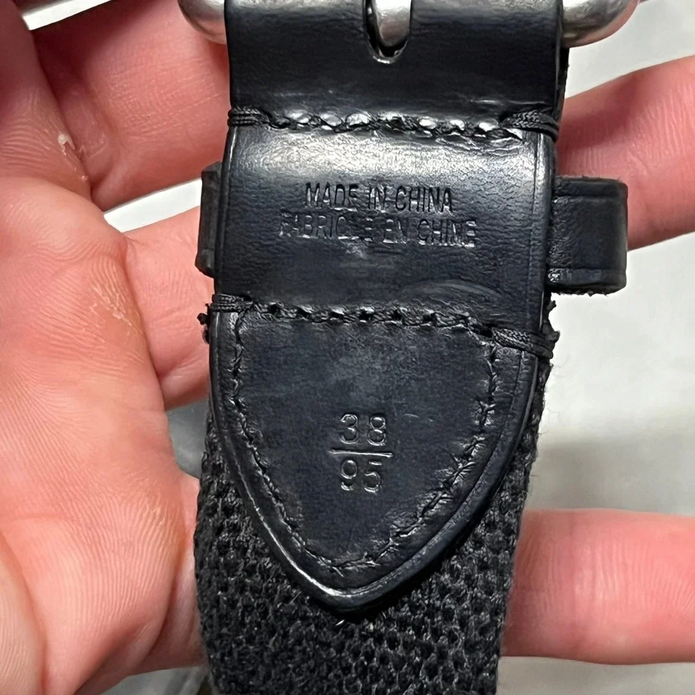 Polo Ralph Lauren Mens Belt 38 Black Canvas Leather Heraldic Crest Ribbon